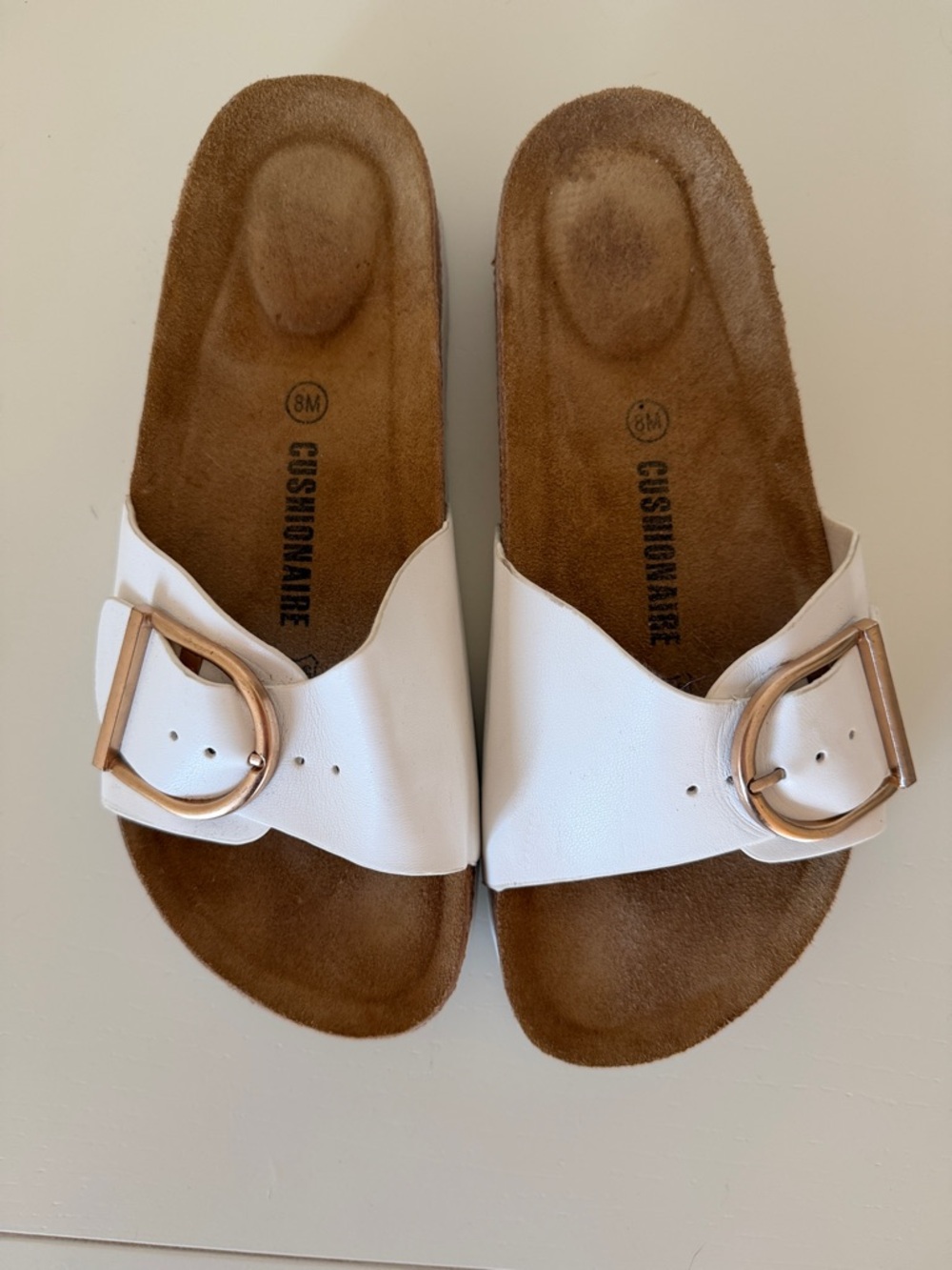 Cushionaire White Slide Sandals with Rose Gold Buckle